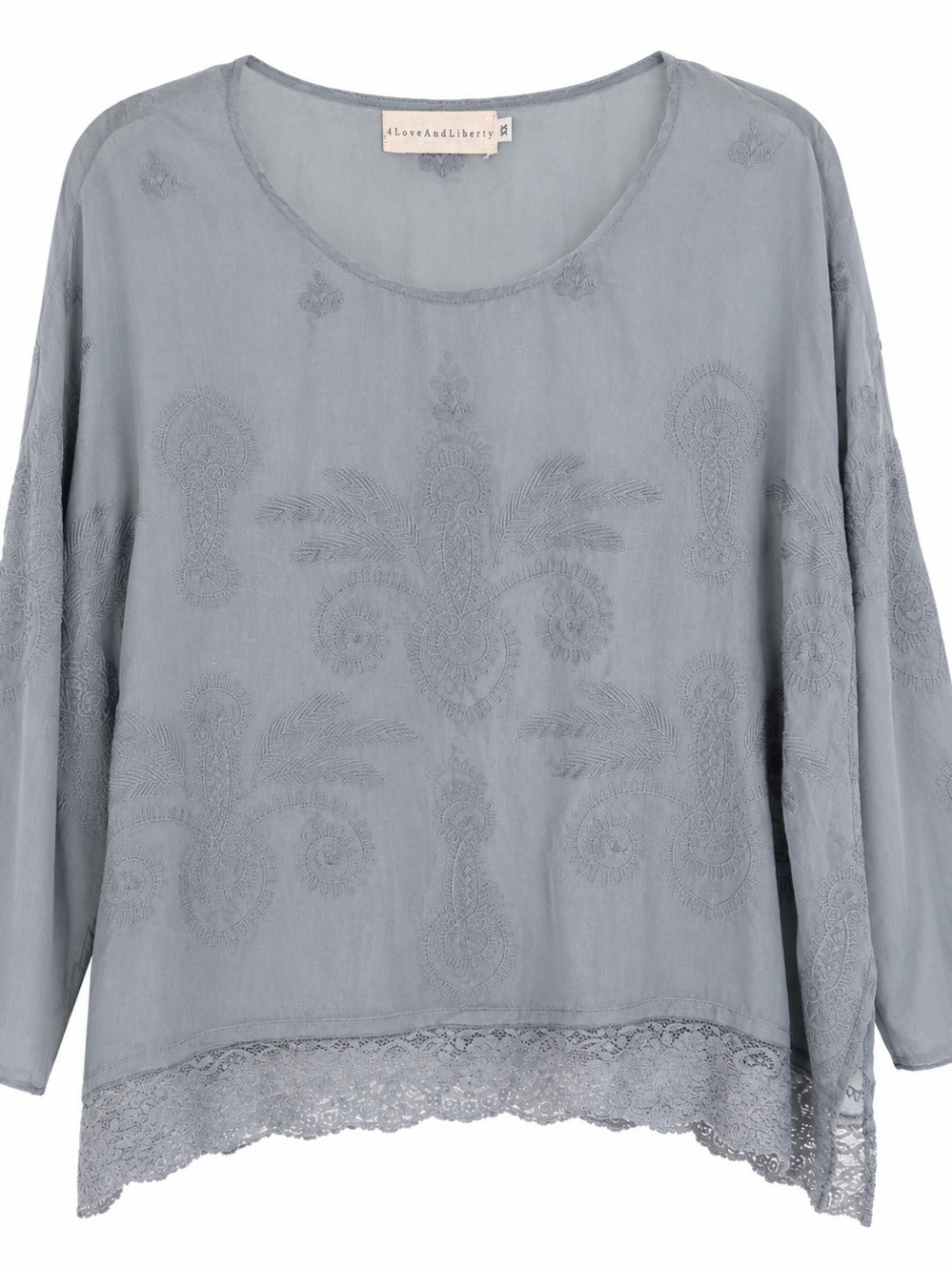 4 Love & Liberty Embroidered Sheer Boho Blouse Gray Blue Lace Hem Size S